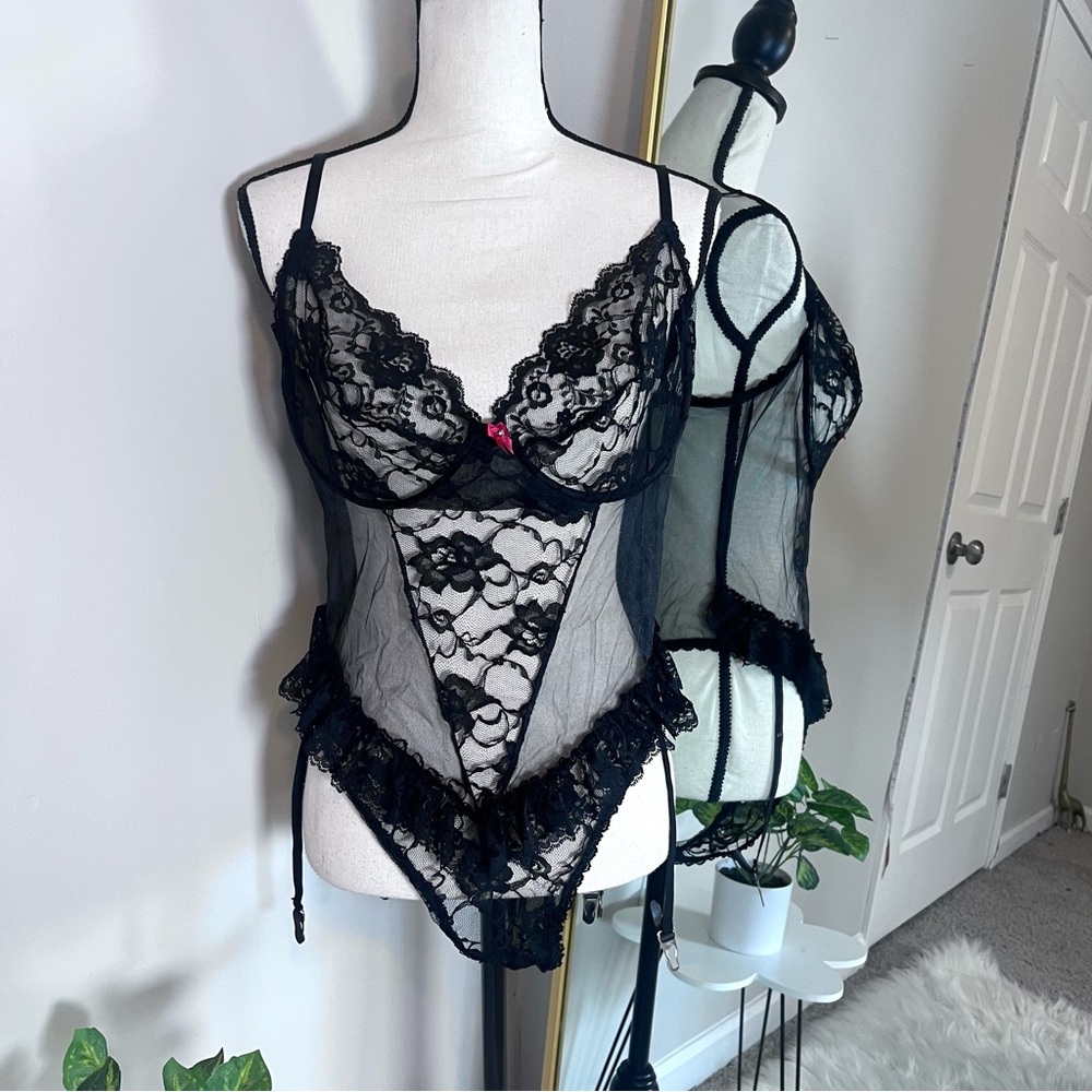 Vintage 90s Black Lace Sheer Intimate Bodysuit